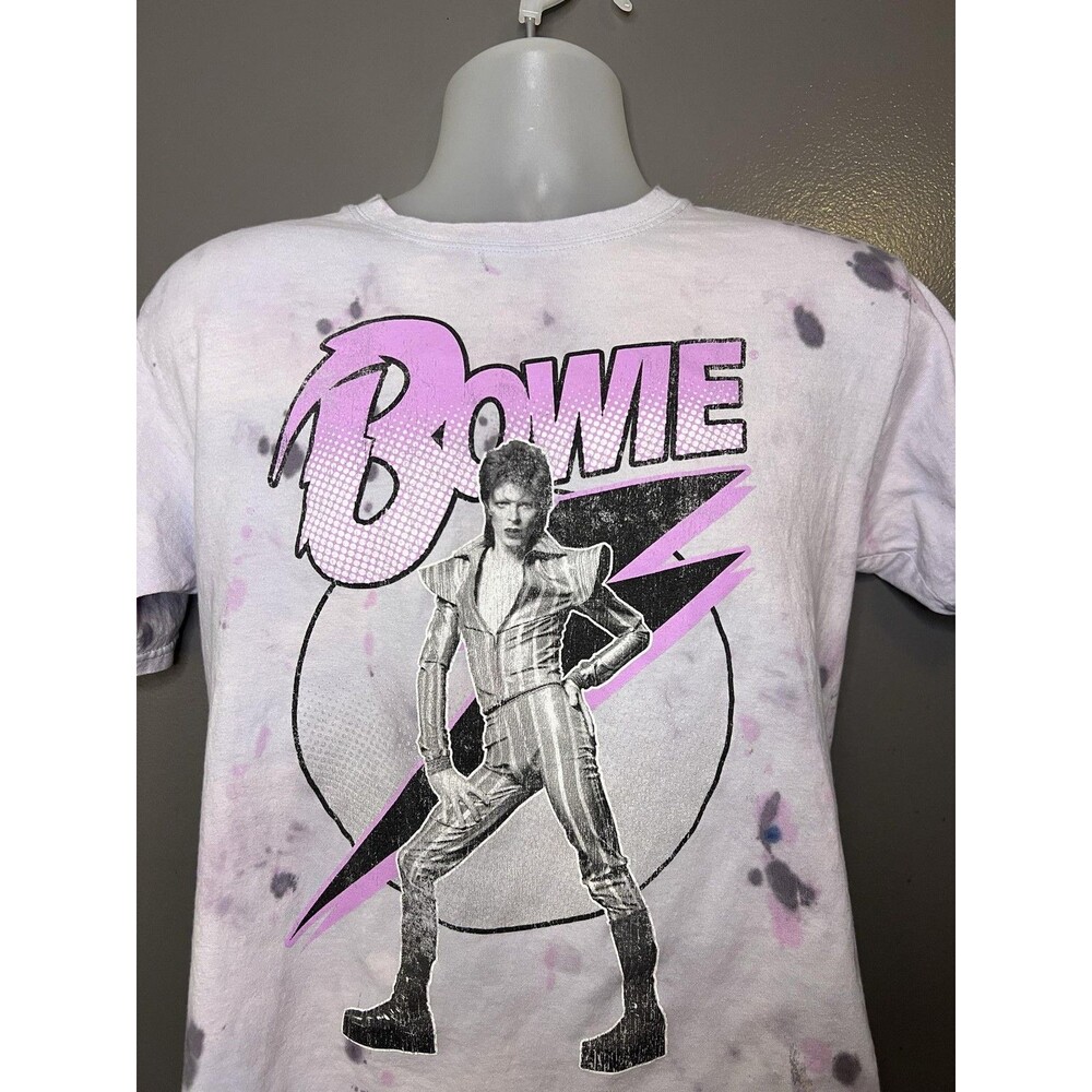 Bowie Shirt Mens Medium White Tie Dye Portrait Lightning Bolt Graphic Tee Rock
